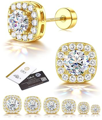 Adramata Boucles d'Oreilles Moissanite Femme Homme, Puces d'Oreilles Argent Sterling 925 Hypoallergéniques Dos Plat, Boucles Diamant Plaqué Or Blanc 14K, Moissanite D Couleur VVS1