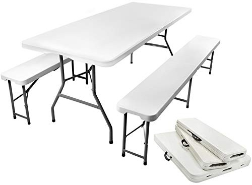 ISO TRADE Campingtisch 180x74cm mit 2 Bänken – Klapptisch Set wetterfest bis 230kg Gartentisch Catering Outdoor Koffertisch Picknickfest