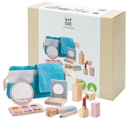 PlanToys Set de Maquillaje para Niños - Maletín de Maquillaje para Niñas - Set de Maquillaje de Madera con Espejo, Pincel, Bolsa y 5 Utensilios de Maquillaje - Juguetes de Madera 2 Años