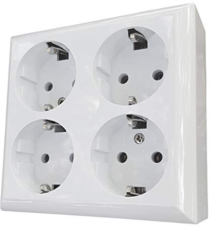 GO 4-Fach Aufputzsteckdose ohne Kabel, Typ F (Schuko), Weiß glänzend, Kunststoff, Steckdosenleiste, 16A-250V, 3500W