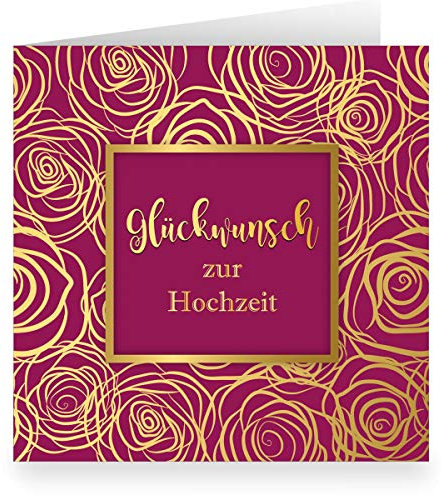 Kartenkaufrausch 12 x Moderne Hochzeitskarte mit Rosen Blüten üppig nobel in Gold Optik (quadratisch 15,5cm + Umschlag) bordeaux rot: Glückwunsch zur Hochzeit- große XL Karte für Familie