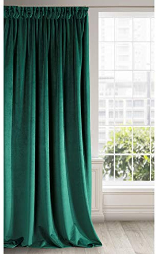 Eurofirany Soft Plain Opaque Velvet Curtain with Rufflette Tape For Rail - 1 Unit, Thick Fluffy Panel Drape Classic Glamour Elegant Living Room Bedroom, W55'' x L106'', 140x270 cm, Dark Green