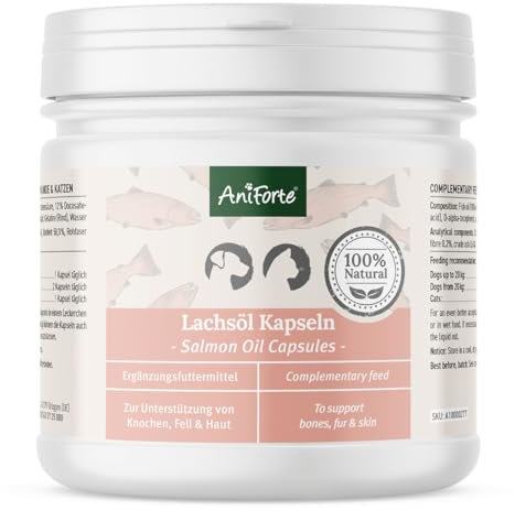 AniForte Lachsöl Kapseln für Hunde & Katzen 500 Stück – wertvolles Omega-3 Fischöl & Vitamine für Stoffwechsel, Knochenaufbau & glänzendes Fell