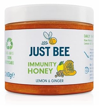 Just Bee Lemon & Ginger Immunity Honey (260g) | Unpasteurised Honey | Natural Unpasteurised Honey With Echinacea | Vitamin D, C, B6 & B12 Contribute To Normal Immune Function | Blended In Britain
