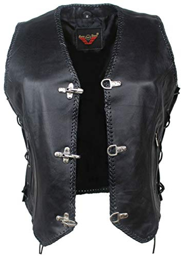 EURO STARS Damen Lederweste mit Seiten Schnür Schwarz Hackenverschlüsse, Bikerweste, Motorradlederweste Metallverschlüsse, Clubweste, Chopperweste, Rocker Weste, Kutte, Leather Vest (M, Schwarz)
