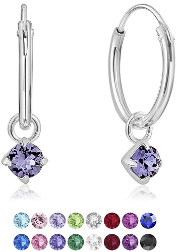 Orecchini Pendenti Argento 925 con Brillantini Punto Luce Viola Tanzanite - Orecchini Cerchietto Argento 925 - Spessore : 1.2 mm - Diametro: 12 mm