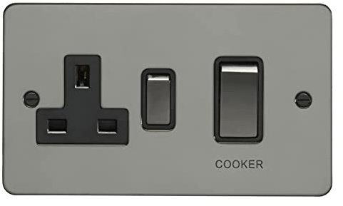 Eurolite Commutateur de cuisinière DP 45 A avec prise 13 A pour améliorer la plaque plate en nickel noir avec bascule assortie, bordure noire