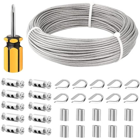 TooTaci 3mm Drahtseil-Set für den Innenbereich – 50M PVC-ummanteltes Edelstahlseil mit M3-Seilendhülsen & Seilklemmen aus Kohlenstoffstahl – Ideal zum Aufhängen, Vorhangdraht und Innenbeleuchtung