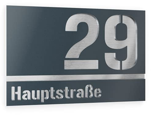 Graviers Design Hausnummer aus V2A Edelstahl 250x175mm - Anthrazit RAL 7016 - Wetterfest Rostfrei Individuell anpassbar nach eigener Nummer Straße - Made in Germany