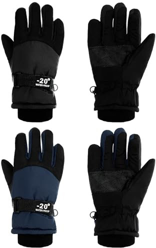SATINIOR 2 Pairs Kids Waterproof Winter Snow Gloves Ski Gloves for Boy Girl Outdoor Warm Thickening Snowboard(Dark Gray, Dark Blue,6-10 Years)