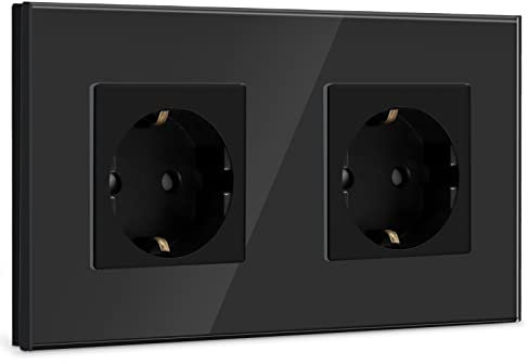 BSEED Doppelwandsteckdose, Schwarz, Schuko-Steckdose mit Glasplatte, 16 A, 250 V, Verlängerungssteckdosen für Küche, Schlafzimmer, Büro, Hotel usw