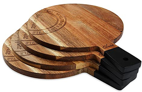 OLEIO 4er Set Schneidebrett Holz aus Akazienholz I Frühstücksbrett, Servierplatte & Holzbrett I Schneidbretter mit Griff & Bohrung I Natürliche Holztablett Unikate für Küche & Tisch - Cake board