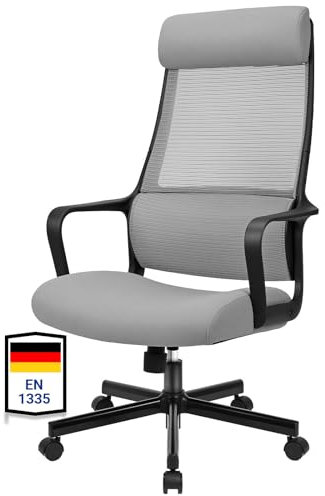MELOKEA Schreibtischstuhl, Bürostuhl Ergonomisch, Drehstuhl Wippfunktion mit Verstellbare Kopfstütze | Armlehne | Höhenverstellung | Hoher Rückenschonend, EN 1335 Chair, Chefsessel, Grau