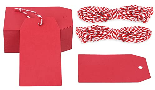 G2PLUS 100PCS Etichette in Carta Kraft,7x4CM Etichette Regalo,Tag Regalo con Spago per la Comunione di Nozze di Compleanno Natale,Rosso