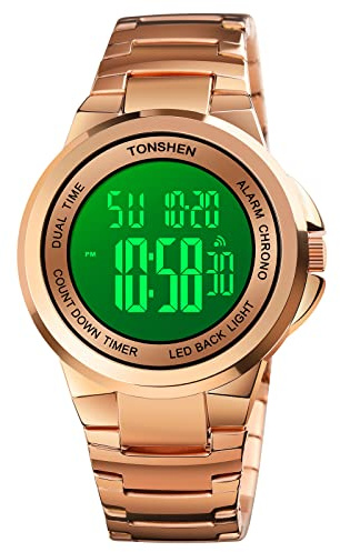 TONSHEN Herr digital sportklocka LED elektronisk dubbel tid stoppur larm nedräkning bakgrundsbelysning utomhus militär rostfritt stål armbandsur, Rosa, Militär