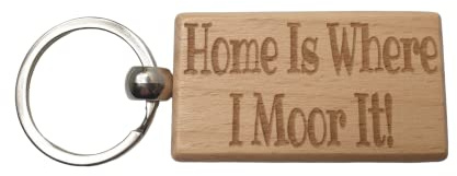 Decalarama Narrowboat Keyring Gift - Home Is Where I Moor It Engraved Hardwood Key Fob Novelty Nice Custom Barge Canal Boat Present