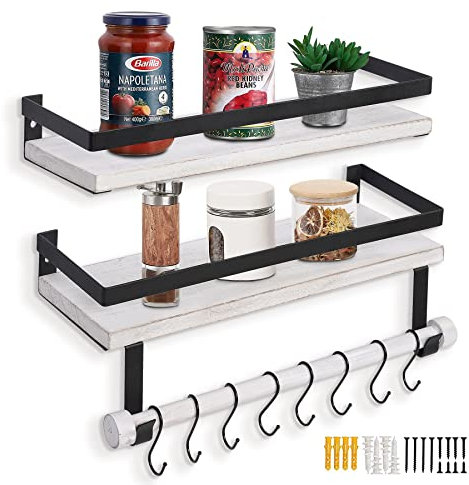 QILICZ Wandregal Holz Vintage Weiß 2er Schwebend Regal Schweberegal Wandmontage Regalbrett mit Handtuchhalter und 8 Haken Hängeregale für Küche, Wohnzimmer, Badezimmer und andere Wanddekoration