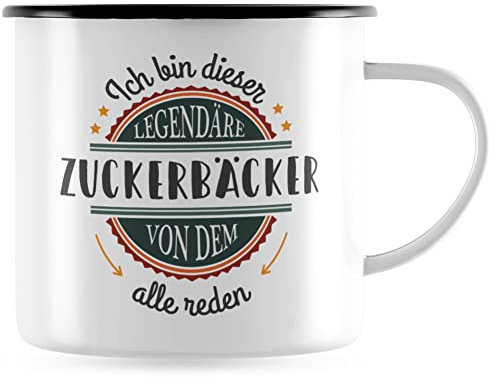 JUNIWORDS Emaille-Tasse, Ich bin dieser legendäre Zuckerbäcker, von dem alle reden, Schwarzer Tassenrand (5075778)