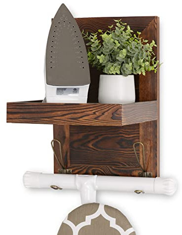 Simply Spruce Ironing Board Holder Wall Mount - Iron and Ironing Board Hanger w/Hardware & Pilot Holes - Space Saver - Wooden Iron Board Wall Mount for Iron and Ironing Board
