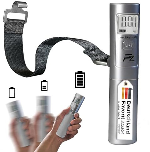 FLOWZOOM Kofferwaage ohne Batterie - Kofferwaage digital mit Haken - Batterielose Gepäckwaage für Koffer - Hängewaage mit Transportbeutel und TARA-Funktion - Luggage Scale - Modell: SHAKEE, silber