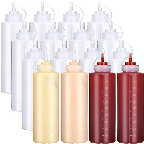 Hoolerry 16 Pieces 32 oz Squeeze Bottle Plastic Condiment Squeeze Bottles with Twist on Cap Lids and and Discrete Measurement Salad Dressing Squirt Bottles for Cooking Ketchup Dispenser for Sauces