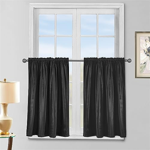 BESTORI Rideau de Cuisine Court pour Petit Fenêtre Rideau Occultant Intimité Rideau Brise-bise Couleur Pure pour Petite Fenêtre Salle de Bain Cuisine 137L X 61H cm (2 Panneaux) Noir