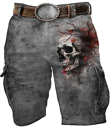 Herren 3D Totenkopf Cargohose Kurz Techwear Shorts Herren Cargo Cyberpunk Hip Hop Gothic Japanische Streetwear Männer Tech Wear Tactical Goth Hose