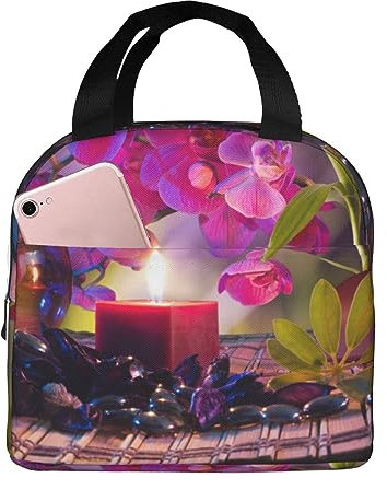 TOMPPY Flowers in Fountain Massage Stones and Bamboo Printed Lunch Bag for Women Reusable Insulated Lunch Tote Bag Lunch Box Lunch Cooler Tote Box