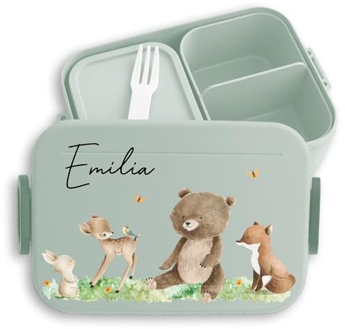 Kinder Bento Box Midi für Mepal Bentobox - Lunchbox Waldtiere Brotbox Tiere Wald Tier Hase I Reh I Bär I Fuchs - 900 ml - Sage Grün - frühstücksbox krippe brotdose mädchen kindergarten tieren