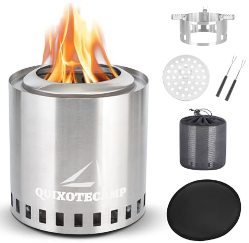QUIXOTECAMP Braciere da tavolo senza fumo, mini braciere portatile con staffa superiore per esterni, patio e campeggio, stufa da campeggio singola alimentata da pellet, legno, carbone. Acciaio