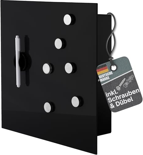 BALOU Schlüsselkasten modern mit Glas Magnettafel, 33x33x6,8cm schwarz | Memoboard magnetisch mit 6 Magneten und Stift - Schlüsselschrank groß mit 20 Haken - Ideal für Flur, Eingangsbereich, Büro