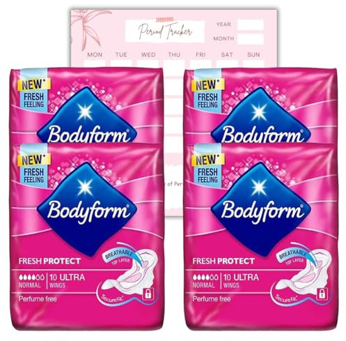 Body Form 10 Ultra Sanitary Towels with Wings Pack of 4, 40 (10 x4 Packs) Perfume Free Period Pads, Normal Flow Cour-V Ultra with Caliko Period Tracker