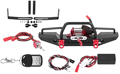 RC Car Front Bumper, Aluminium Alloy Anti Collision Front Rear Bumper Protective Bar with Winch, Large Size Heavy Metal Split Type Design Metal LED Lights RC Car Crawler RC Upgrade Part Accessory