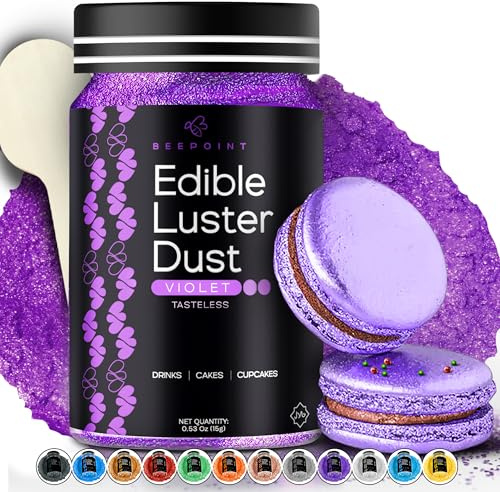 BeePoint Violet Edible Luster Dust 15g - Food Grade, Vibrant Color Shimmer Powdered Dust for Drinks, Cocktails, Cake Decorating, Baking, Chocolates, Candy, Sweets, & Cookies - Vegan & Gluten Free