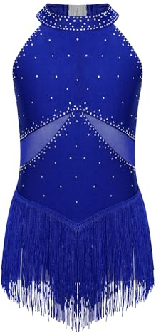 CHICTRY Body Ginnastica con Nappe Frange Bambina Paillettes Abito da Ballo Latino Americano Leotard Danza Classica Vestito da Jazz Rumba Salsa Performance Blu 9-10 Anni