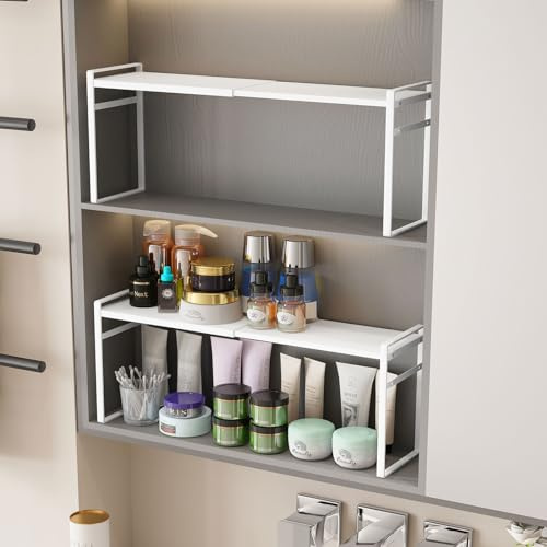 WOCHUANGSI 1pcs Medicine Cabinet Organizer Stretchable Storage Box for Bathroom Stackable Mirror Cabinets Vanity Small Narrow Shelf Slim Trays Holder (White, Normal)