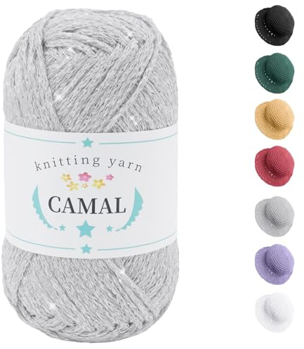 CAMAL Baumwolle zum Häkeln, 100g / 140m Glitzern Häkelwolle Baumwolle für Taschen Weich Funkelnd Tshirt Garn für Häkel & Strickgarn, Metallic Häkelgarn für DIY Handtasche (Silber Grau)