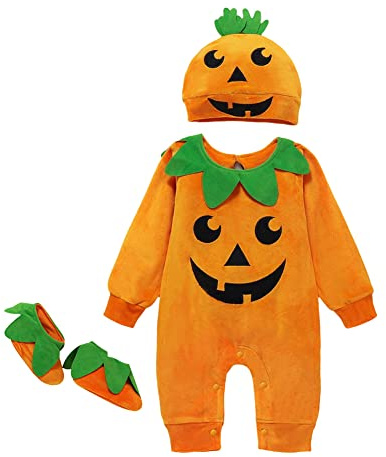 PythJooh Newborn Baby Girl Boy One-piece Pumpkin Romper Kids Fleece Halloween Jumpsuit with Hat Booties for 0-18Months.