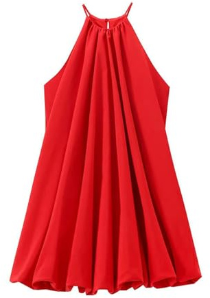 Nuovo Abito Corto da Donna Stile Palloncino, Scollo all'Americana, Pieghe, Orlo gonfio - Rosso - L