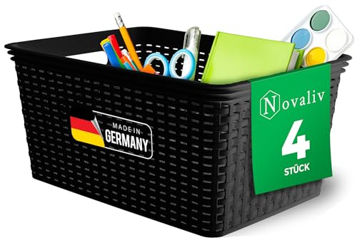 Novaliv 4 Stück Elegante Aufbewahrungskörbe in Rattan-Optik | Schwarz Kunststoff 14L ? für Büro und Zuhause. Vielseitige Kisten zur Aufbewahrung. Ideale Aufbewahrungsbox Organizer Ordnungsbox