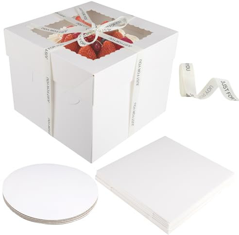 TIANCONGYUN 4 Stück Tortenschachtel, Weiß Tortenkarton, 25,4 x 25,4 x 20,3cm Tortenbox Karton, Kuchenbox Pappe mit Tortenbrett und Band für Geburtstage, Partys, Hochzeiten