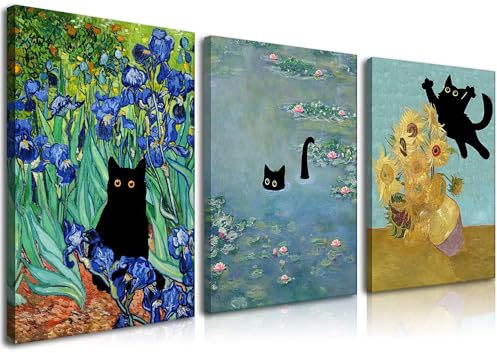 Monet Wandkunst-Set, lustige Katze in Seerosen, Leinwandbilder, Van Gogh, Sonnenblumenkatze ästhetische Bilder für Zimmer, Schlafzimmer, Wohnzimmer, Badezimmer, 30,5 x 40,6 cm, gerahmt