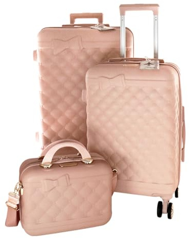 Camomilla 3-teiliges Gepäckset, Koffer (70 lt.) + Handgepäck (40 lt.) + Kosmetikkoffer (15 lt.), Hartschalen, drehbare Rollen, Kollektion Ribbon, Farbe Puderrosa