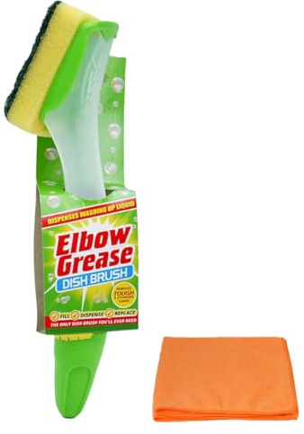 Elbow Grease Fillable Washing Up Brush with Refill Sponge- Ergonomic Design Handle - with Ultra Absorbent Microfibre Cleaning Cloth