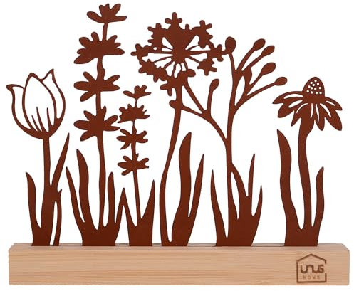 UNUS Espositore in metallo decorativo con base in legno di bambù, ideale per davanzale, cucina o soggiorno, ruggine