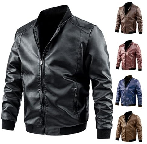 IQYU Veste de moto en cuir pour homme - Noir - Veste bomber vintage - Coupe ajustée - Veste de loisirs classique - Veste d'extérieur avec poches - Veste militaire en cuir synthétique - Veste de