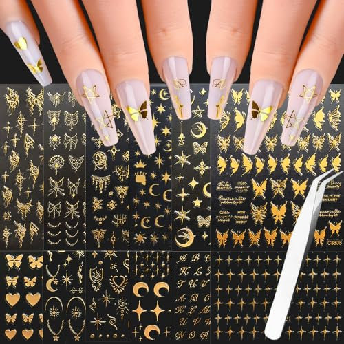 Bkemkri 12 Feuilles Lune Etoile Papillon Stickers Ongles Nail Art Or Autocollants Ongles Autoadhésif Deco Multi-Design Décoration Manucure pour DIY (Avec des Pincettes)