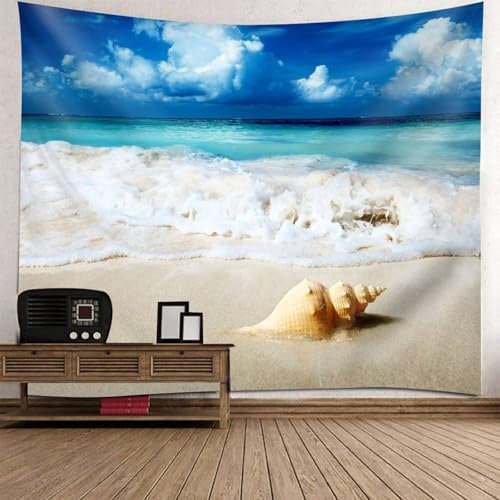 Mesnt Wandteppich Klein Natur, 150x150cm Strand von Conch Sea Wandteppiche Wandkunst für Schlafzimmer Wohnzimmer | Blau Beige