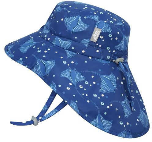 Jan & Jul pojkar snabbtorkande solhatt med nackskydd för simning, justerbar storlek för spädbarn (S: 0–6 månader, Manta Ray), Manta, 0-6 månader