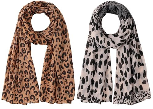 DKDDSSS 2 Stück Damen Schal mit Leopard Muster, Leoparden Schal, Damen Schal, Sommer und Helbst Leo Schals für Frauen